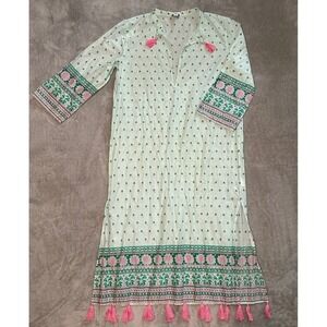 J Crew Tunic Coverup Dress Women Size S Green Tassels Semi Sheer Vacation Travel